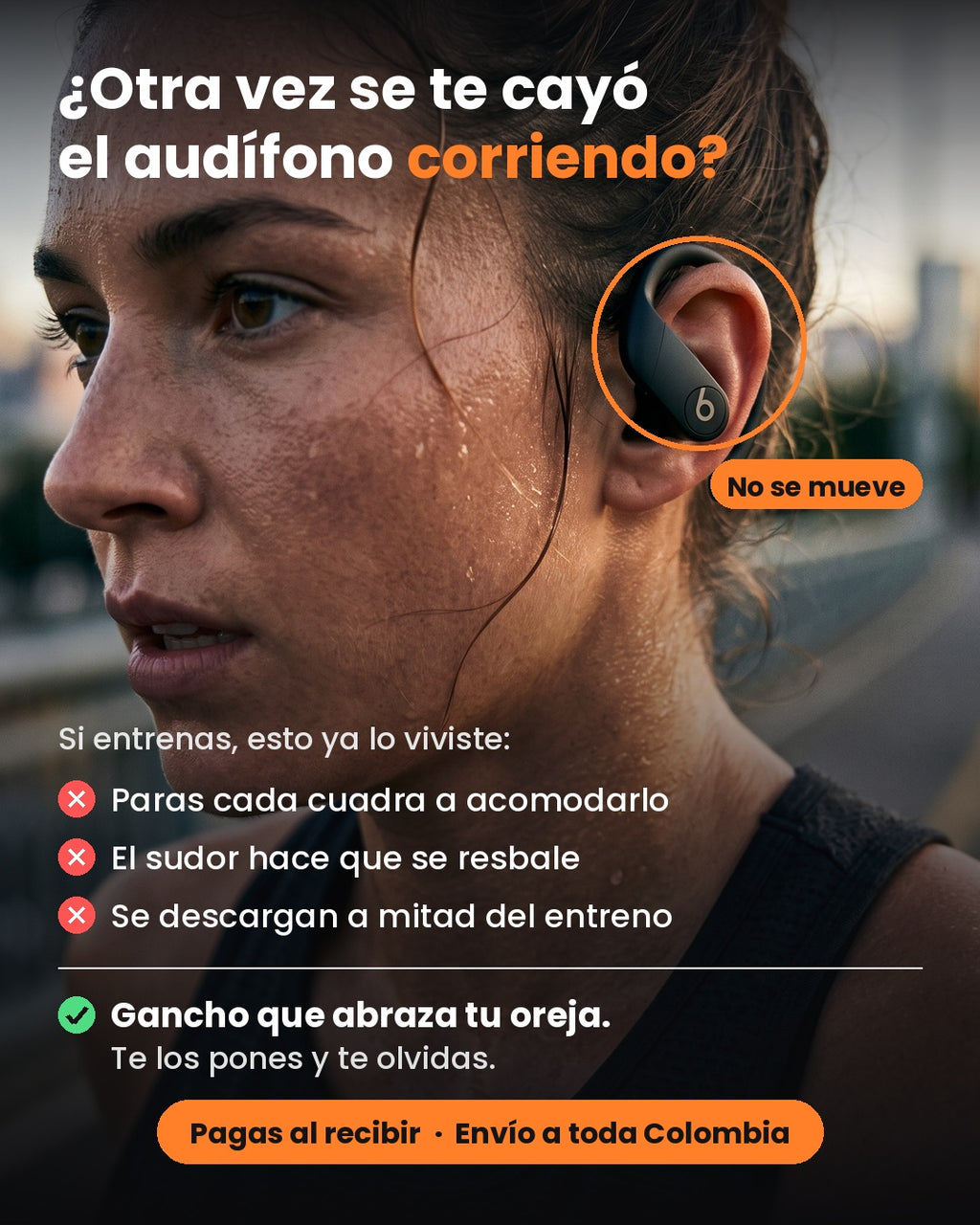 Imagen promocional de audífonos con gancho durante actividad deportiva