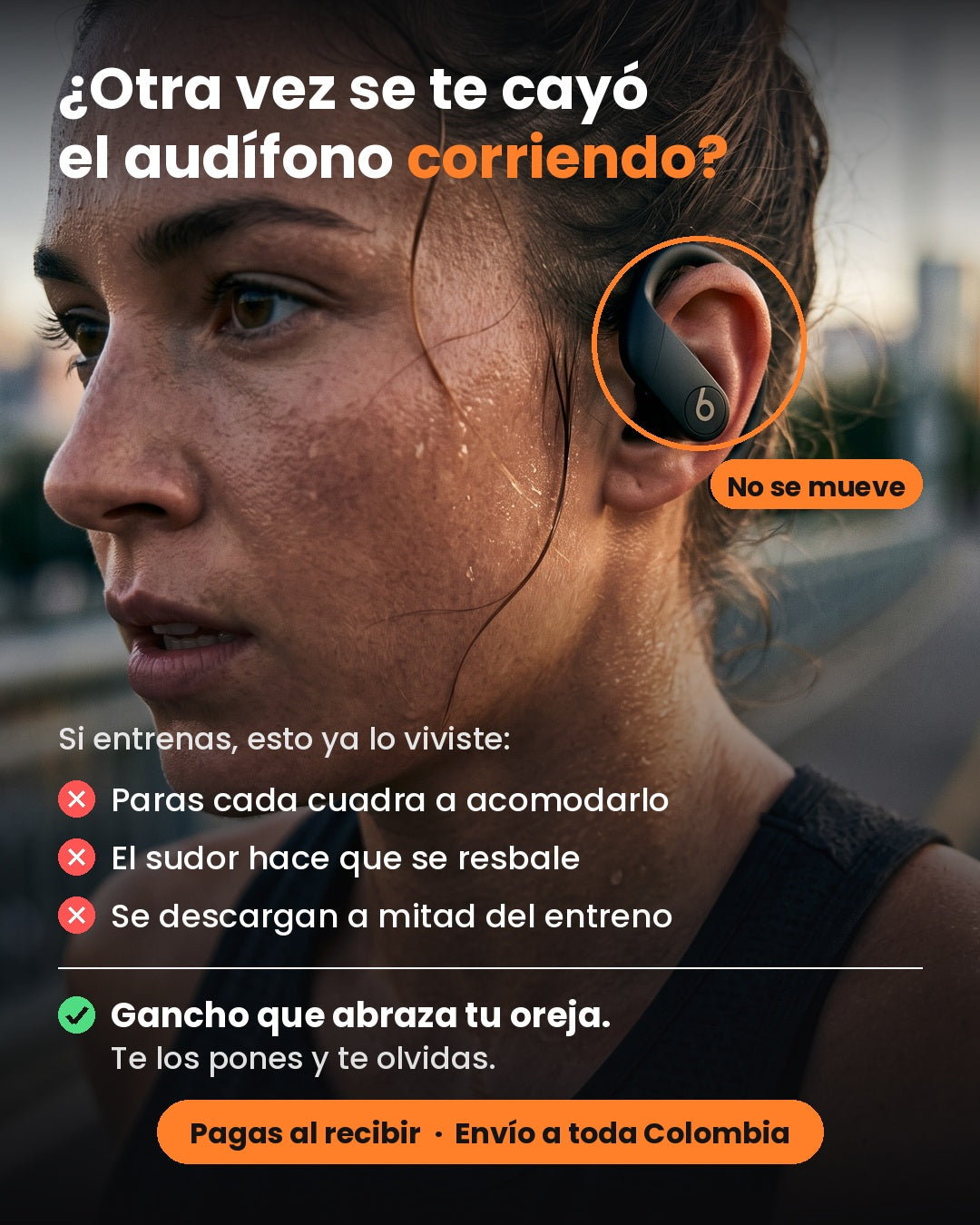Imagen promocional de audífonos con gancho durante actividad deportiva