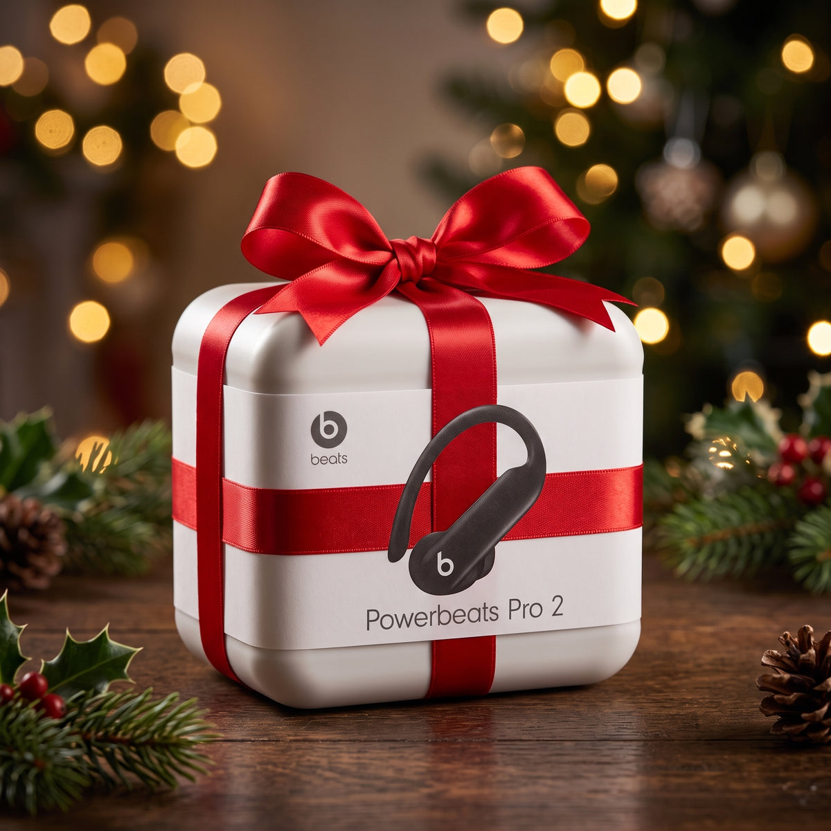 Imagen promocional de una caja de audífonos con lazo rojo